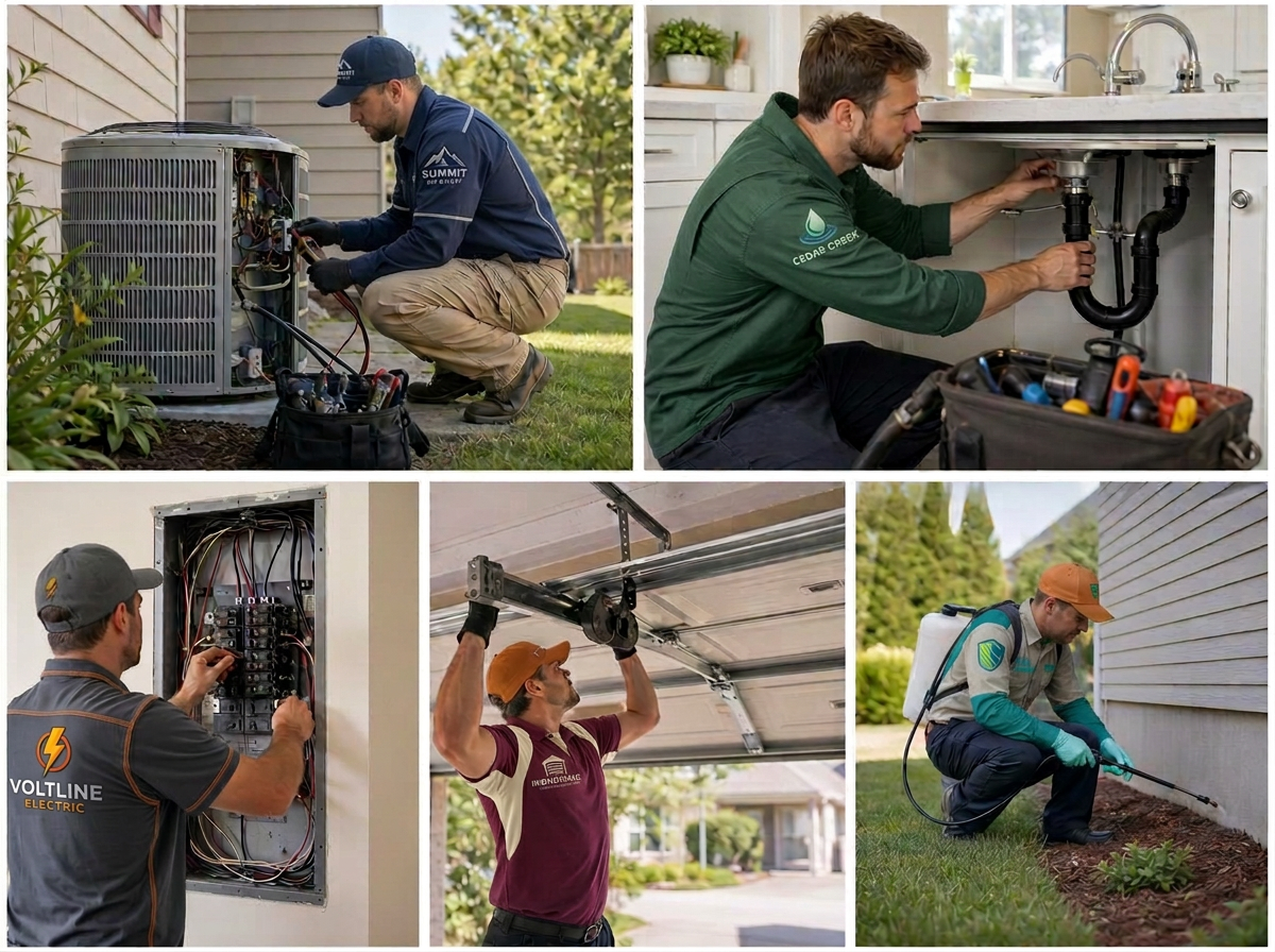 Five-image trade collage using authentic field-service imagery, with consistent lighting and no stock-photo office scenes.